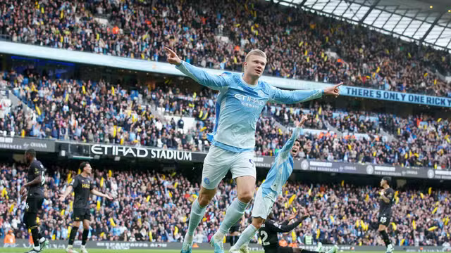 Haaland marcou dois gols na vitória do Manchester City sobre o Ipswich Town